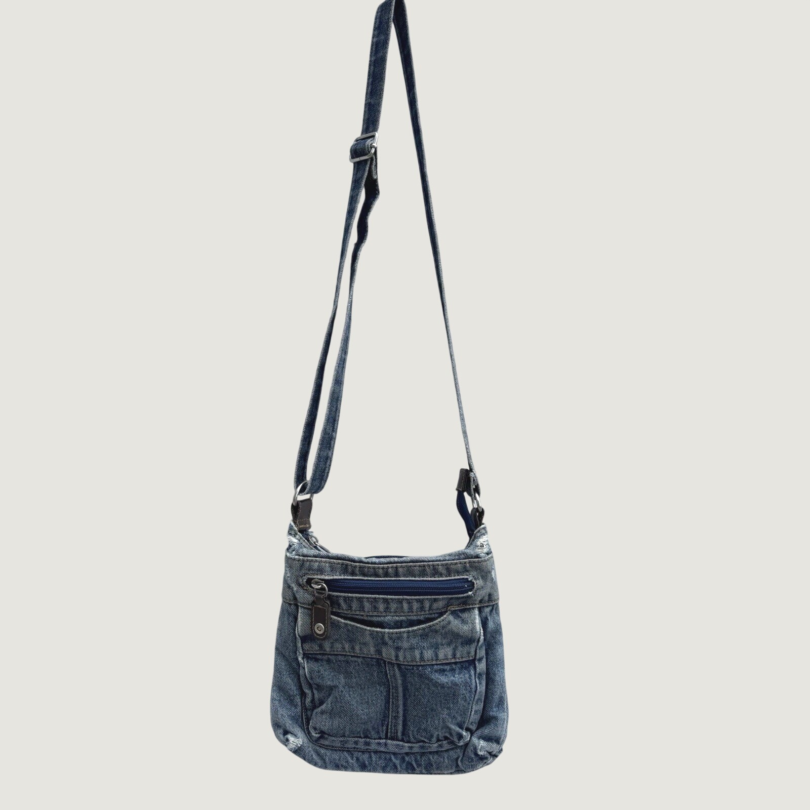Blue Denim Shoulder Bag Zip Closure Adjustable Strap Outer Pocket Y2k Purse